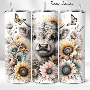 Highland cow 20oz Tumbler Wrap - Sunflowers Tumbler PNG Design - Cute Floral Cow Sublimation Design - Skinny Tumbler - Instant Download