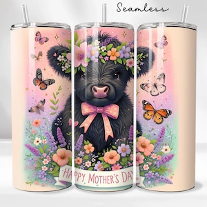 Highland Cow Tumbler Wrap, 20oz Skinny Sublimation Tumbler Design, Baby Highland Cow, Mothers day Floral Tumbler Download, mom tumbler wrap