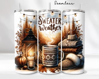 Fall Sweater Weather Tumbler Wrap, Seamless 20 oz Tumbler Wrap, Sublimation Design, Fall Vibes, Cozy Coffee, Autumn Leaves, PNG Download