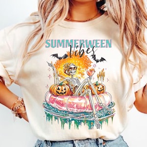 Summerween Vibes PNG, Funny Skeleton Float Halloween in Summer png, Trendy Sublimation Spooky Flamingo Pool Ghost Pumpkins Creepy png
