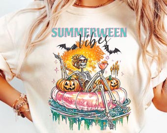 Summerween Vibes PNG, Funny Skeleton Float Halloween in Summer png, Trendy Sublimation Spooky Flamingo Pool Ghost Pumpkins Creepy png