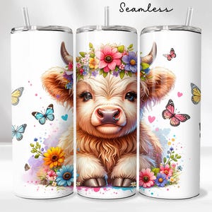 Highland Cow 20oz Tumbler Wrap - Sunflowers Tumbler PNG Design - Cute Floral Cow Sublimation Design - Skinny Tumbler - Instant Download