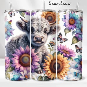 Cute Highland Cow 20oz Tumbler Wrap - Sunflowers Tumbler PNG Design - Cute Floral Cow Sublimation Design - Skinny Tumbler - Instant Download