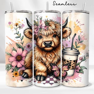 Coquette Highland Cow 20oz Tumbler Wrap Coffee Tumbler PNG Design Cute Floral Cow Sublimation Design Skinny Tumbler Instant Download Retro
