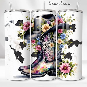 Western Cowgirl Boots Tumbler Wrap PNG, 20oz Skinny Tumbler Sublimation, Cactus and Flowers Design, Digital Download, Straight Template