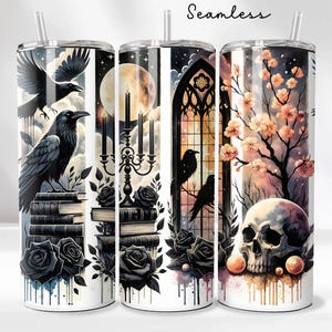 Gothic Raven Moon 20oz Sublimation Tumbler Wrap, Dark Art Tumbler Design, Spooky Season Skinny Tumbler, Crow Bats Full Wrap, Tumbler Design
