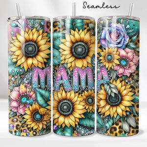 Sunflowers Mama Tumbler Wrap 20 oz Skinny Tumbler PNG Mama Sublimation Design Glitter Leopard Mom Life Seamless Mother&#39;s Day Tumbler Wrap