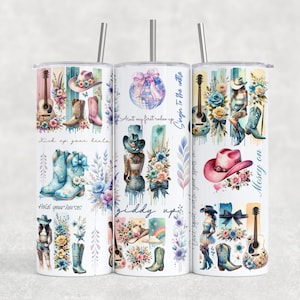 Tumbler Skinny da 20 once con pennellate di design, stivali da cowgirl, Tumbler Wrap PNG, solo download digitale istantaneo a sublimazione, Country Western dritto
