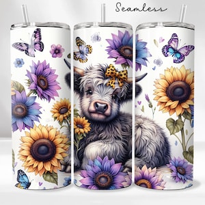 Cute Highland Cow 20oz Tumbler Wrap - Sunflowers Tumbler PNG Design - Cute Floral Cow Sublimation Design - Skinny Tumbler - Instant Download