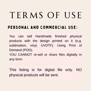 Pu&ograve; includere: Un documento color crema con testo nero che descrive i termini di utilizzo dei file digitali. Il testo include informazioni sull'uso personale e commerciale, inclusa la vendita di prodotti fisici fatti a mano con il design stampato sopra. Indica inoltre che i file digitali non possono essere rivenduti o condivisi.