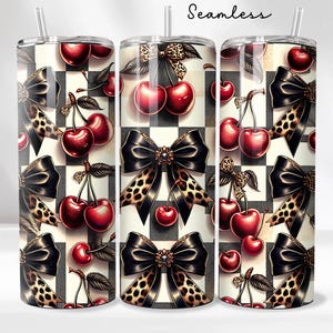 Leopard Cherry Tumbler Wrap PNG Glossy Cherries Sublimation Design for 20oz Skinny Tumblers Coquette bow print Digital download Checker