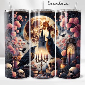 Gothic Raven Moon 20oz Sublimation Tumbler Wrap, Dark Art Tumbler Design, Spooky Season Skinny Tumbler, Crow Bats Full Wrap, Tumbler Design