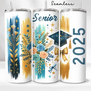 Blue Gold Senior 2025 Graduation Tumbler Wrap, 20oz Skinny Tumbler PNG, Straight Brushstroke Wrap, Instant Download, Graduation Gift