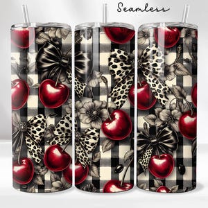 Leopard Cherry Tumbler Wrap PNG Glossy Cherries Sublimation Design for 20oz Skinny Tumblers Coquette bow print Digital download Checker