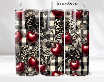 Leopard Cherry Tumbler Wrap PNG Glossy Cherries Sublimation Design for 20oz Skinny Tumblers Coquette bow print Digital download Checker