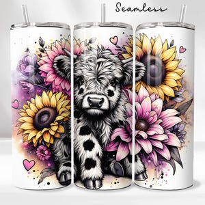 Cute Highland Cow 20oz Tumbler Wrap - Sunflowers Tumbler PNG Design - Cute Floral Cow Sublimation Design - Skinny Tumbler - Instant Download