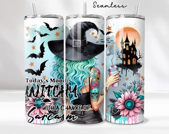 Mood Is Witchy - Tumbler sottile da 20 once, design divertente per tumbler con strega di Halloween, download digitale di tumbler senza cuciture, fiori di strega