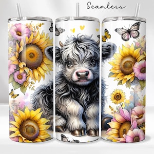 Cute Highland Cow 20oz Tumbler Wrap - Sunflowers Tumbler PNG Design - Cute Floral Cow Sublimation Design - Skinny Tumbler - Instant Download