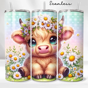 Highland Cow 20oz Tumbler Wrap - Daisies Tumbler PNG Design - Cute Floral Cow Sublimation Design - Skinny Tumbler - Instant Download
