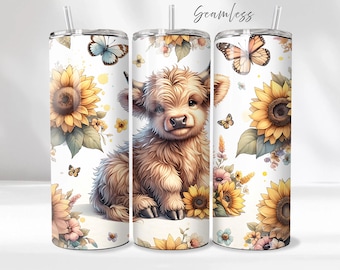 Cute Highland Cow 20oz Tumbler Wrap - Sunflowers Tumbler PNG Design - Cute Floral Cow Sublimation Design - Skinny Tumbler - Instant Download