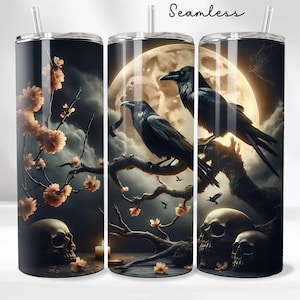 Gothic Raven Moon 20oz Sublimation Tumbler Wrap, Dark Art Tumbler Design, Spooky Season Skinny Tumbler, Crow Bats Full Wrap, Tumbler Design