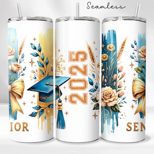 Blue Gold Senior 2025 Graduation Tumbler Wrap, 20oz Skinny Tumbler PNG, Straight Brushstroke Wrap, Instant Download, Graduation Gift