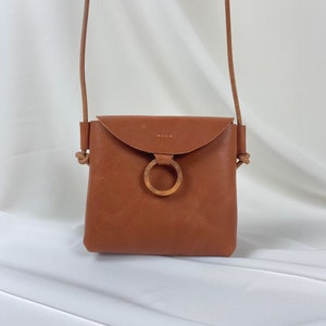 Thick leather crossbody bag Mini leather pouch with wood Handmade leather purse Amber tan handbag image 2