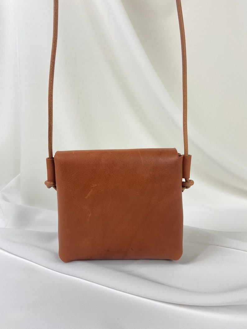 Thick leather crossbody bag Mini leather pouch with wood Handmade leather purse Amber tan handbag image 5