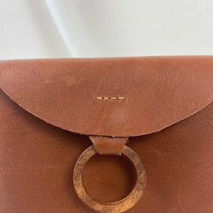 Thick leather crossbody bag Mini leather pouch with wood Handmade leather purse Amber tan handbag image 3