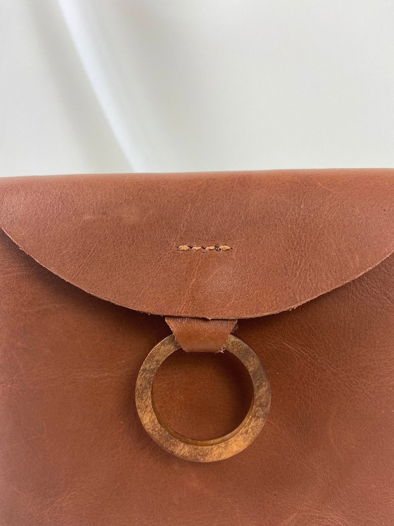 Thick leather crossbody bag Mini leather pouch with wood Handmade leather purse Amber tan handbag image 3