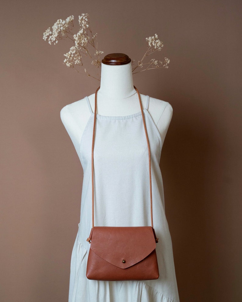 Brown leather crossbody Minimalist shoulder purse Handmade leather Small bag Tobacco brown leather image 1