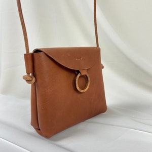 Thick leather crossbody bag Mini leather pouch with wood Handmade leather purse Amber tan handbag image 4