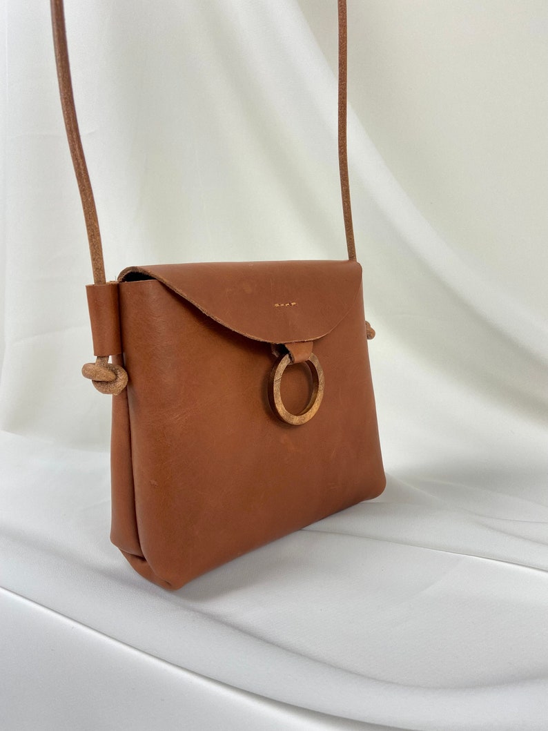 Thick leather crossbody bag Mini leather pouch with wood Handmade leather purse Amber tan handbag image 4