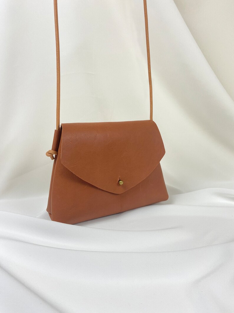 Brown leather crossbody Minimalist shoulder purse Handmade leather Small bag Tobacco brown leather image 3
