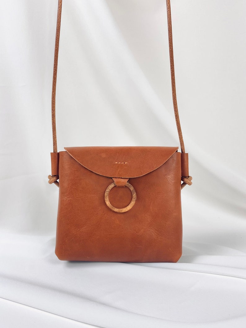 Thick leather crossbody bag Mini leather pouch with wood Handmade leather purse Amber tan handbag image 1