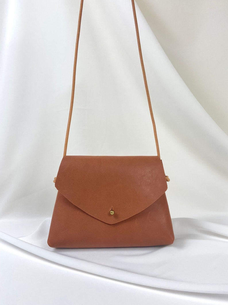 Brown leather crossbody Minimalist shoulder purse Handmade leather Small bag Tobacco brown leather image 2