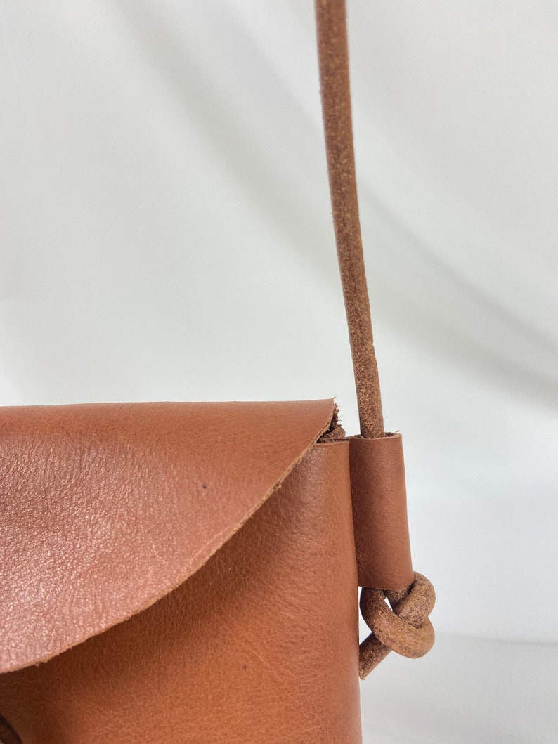 Thick leather crossbody bag Mini leather pouch with wood Handmade leather purse Amber tan handbag image 6