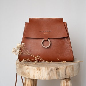 Crossbody shoulder bag Leather purse for women Handstitched leather with wood Amber terricotta leather image 1