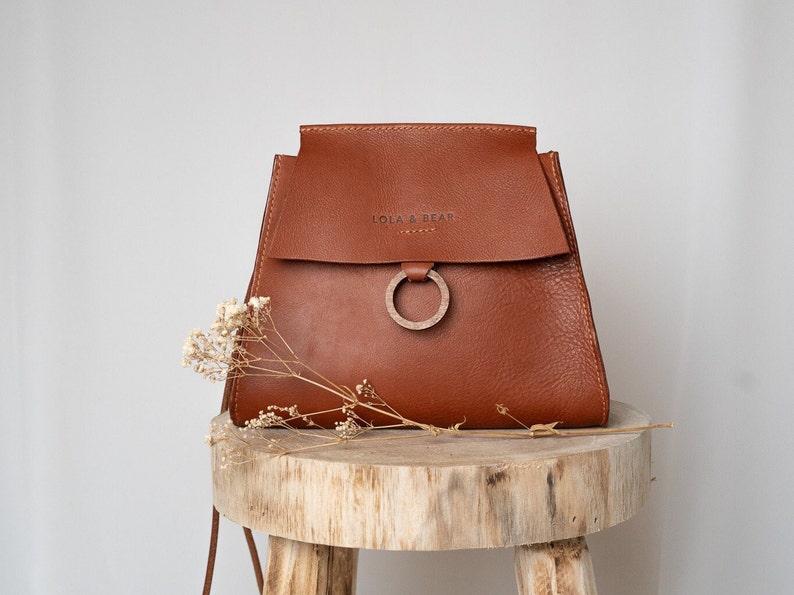 Crossbody shoulder bag Leather purse for women Handstitched leather with wood Amber terricotta leather image 1