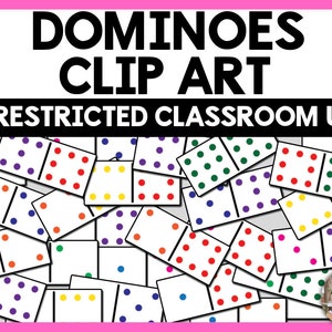 Puede incluir: Una colección de dominós coloridos con varios números de puntos en cada lado. Los dominós están esparcidos sobre un fondo blanco con líneas negras. El texto "DOMINOES CLIP ART" y "UNRESTRICTED CLASSROOM USE" se muestra en la parte superior de la imagen.