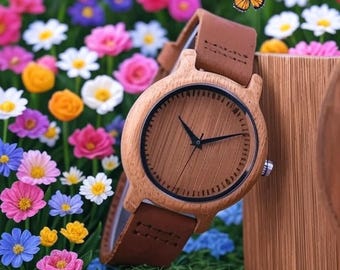 メンズ＆レディース 竹製クォーツ腕時計（レザーストラップ付き） - 木製腕時計