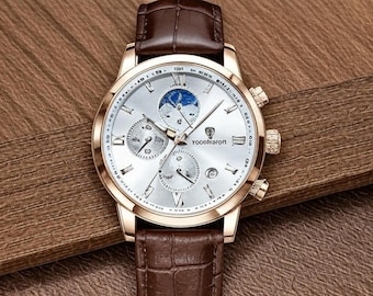 Reloj de cuarzo vintage para hombre, correa de piel, resistente al agua, fase lunar, cronógrafo.