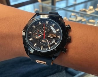 Mens Chronograph Watch, Black Rubber Strap, Luxury Sport Quartz Timepiece