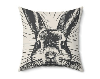 Woodcut Style Bunny Pillow | Easter Pillow | Includes Cover with Insert | 3 Sizes | Cream and Black Rabbit Throw Pillow | Easter Decor