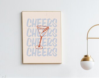 Könnte beinhalten: Ein beiger Poster mit dem Wort "CHEERS" viermal in hellblau wiederholt. Eine rote Linienzeichnung eines Martini-Glases mit Oliven befindet sich in der Mitte des Posters.