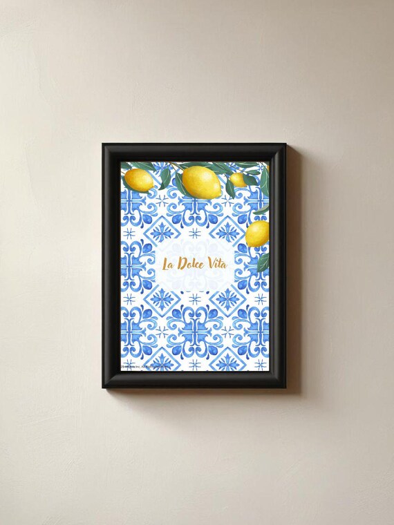 アート・デザイン・音楽 LA PITTURA ITALIANA La Dolce Vita Lemon Print, Blue Italian Tile Art (digital Download