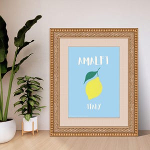 Impressão de parede DIGITAL moderna, arte azul da Itália em Amalfi, decoração fofa de limão, arte minimalista, pôster para dormitório, arte de parede para impressão, decoração de apartamento
