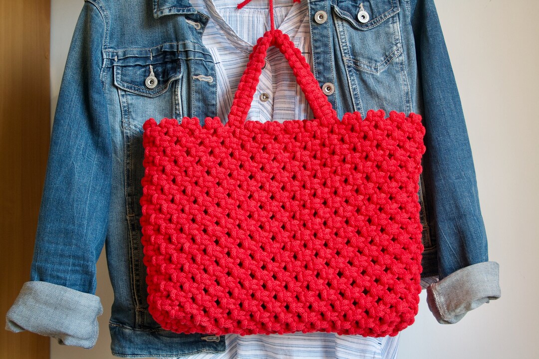 Red, Sand or Black Macrame Versatile Handbag, Cotton Cord Matched Liner ...