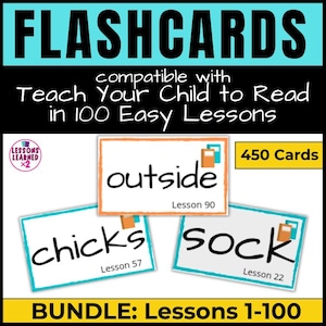 Teach Your Child To Read In 100 Easy Lessons, Flashcards for Lessons 1-100, Phonics Flashcard Set, Digital Download