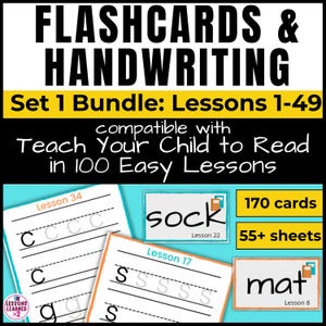 Teach Your Child To Read In 100 Easy Lessons, Flashcards & Handwriting Practice for Lessons 1- 49,  Digital Download